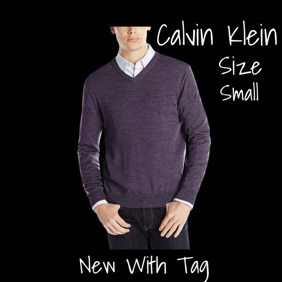 Calvin Klein Sweater V-Neck Men's Merino Wool Purple Small New With Tag - Picture 1 of 2